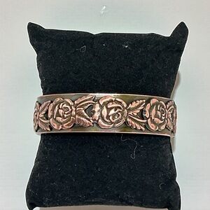 Vintage Copper Repousse Rose Hinged Bangle Bracelet Victorian Revival